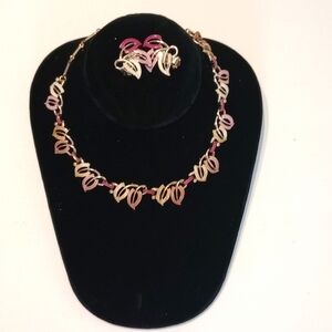 Earrings and necklace set, vintage , enamel over gold tone.